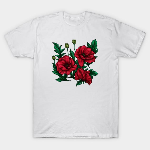 Hand-drawn red and green poppies flowers on white T-Shirt by NadiaChevrel